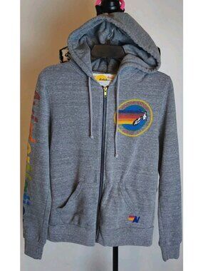 Aviator Nation Venice CA Gray Zip Hoodie Small Rainbow Sleeve Spell Out USA